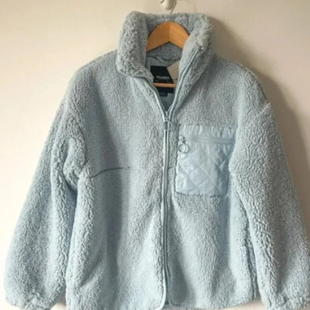 Pull & Bear Soft Teddy Sherpa Zip Up Jacket Sweater NWT Light Blue Size XS